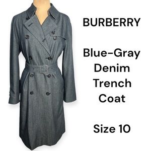 Burberry blue grey denim trench coat with nova check lining US size 10